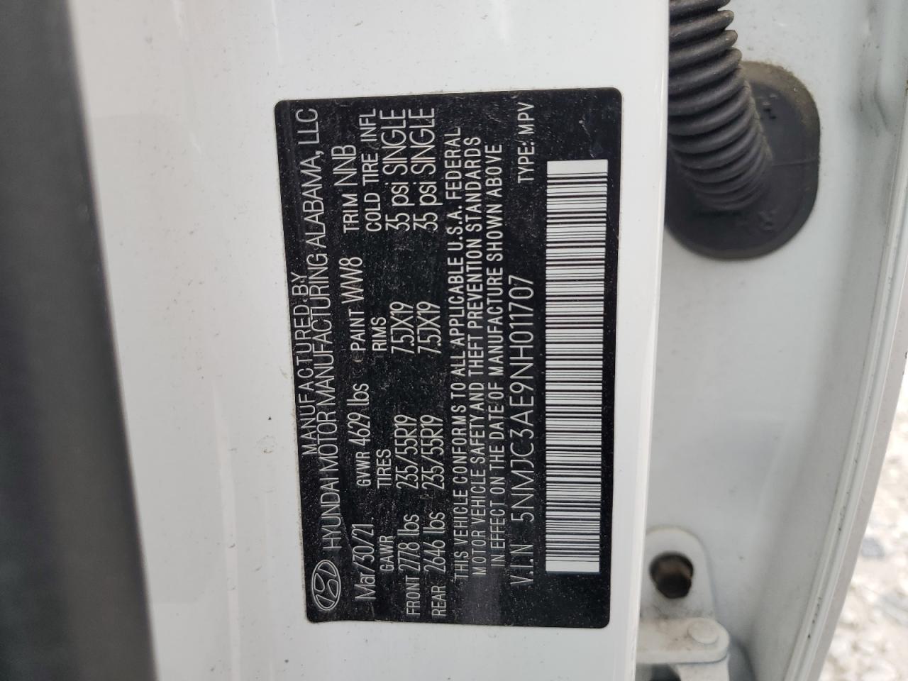 5NMJC3AE9NH011707 2022 Hyundai Tucson Sel