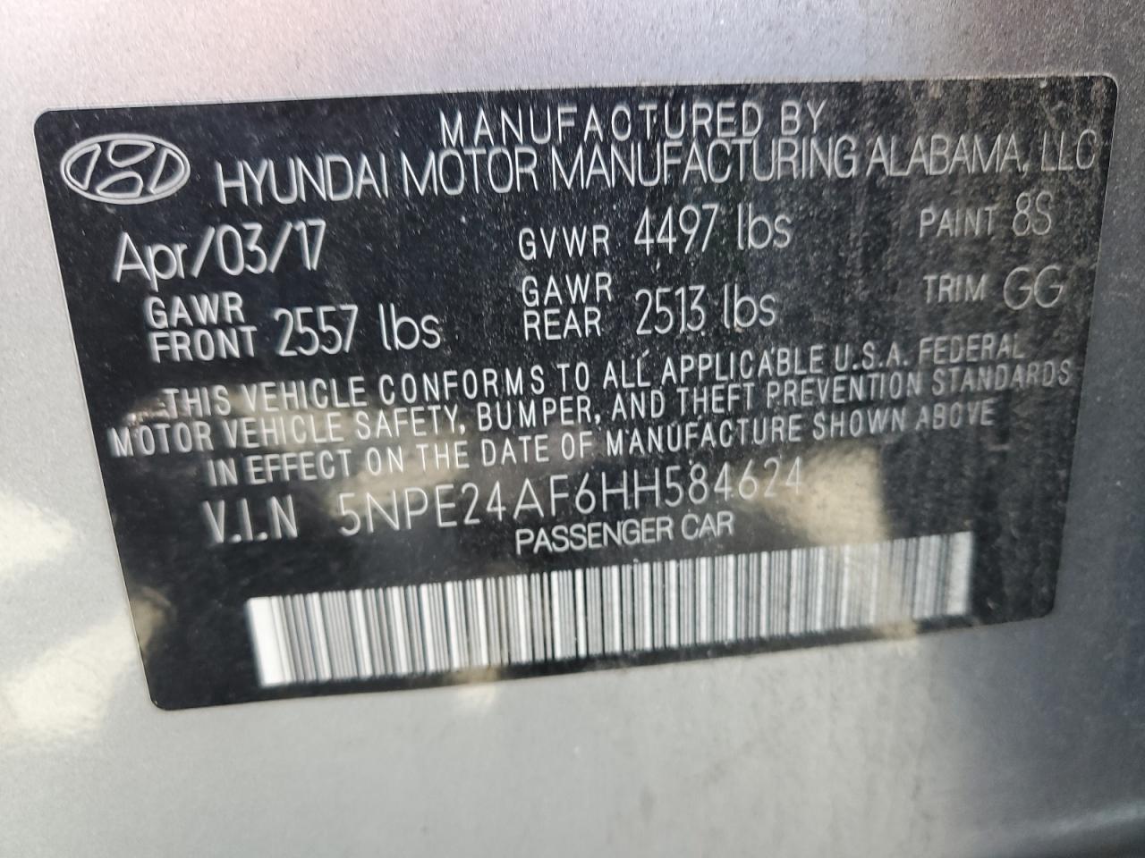 5NPE24AF6HH584624 2017 Hyundai Sonata Se