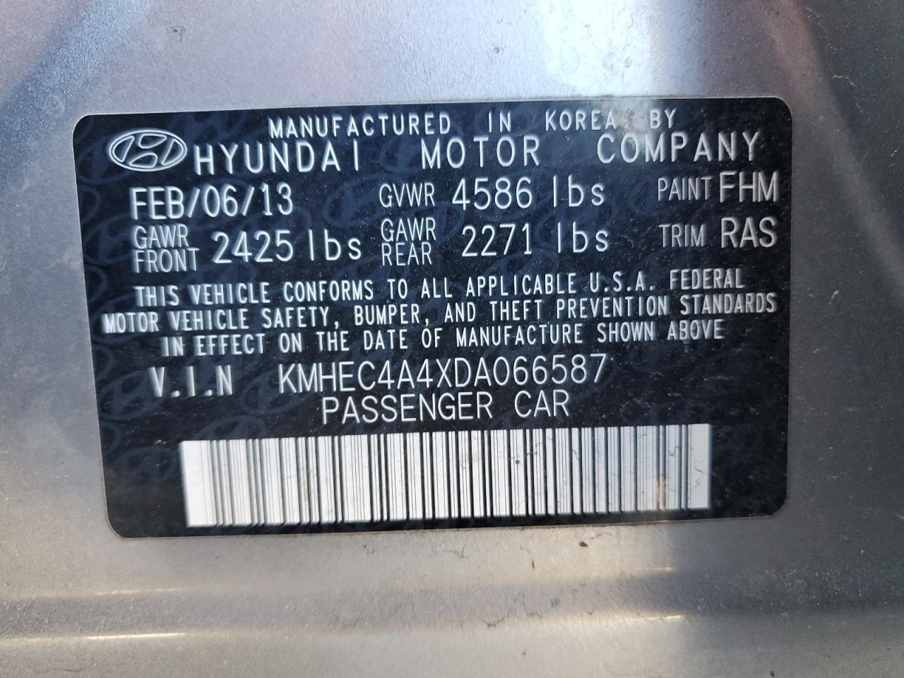 KMHEC4A4XDA066587 2013 Hyundai Sonata Hybrid