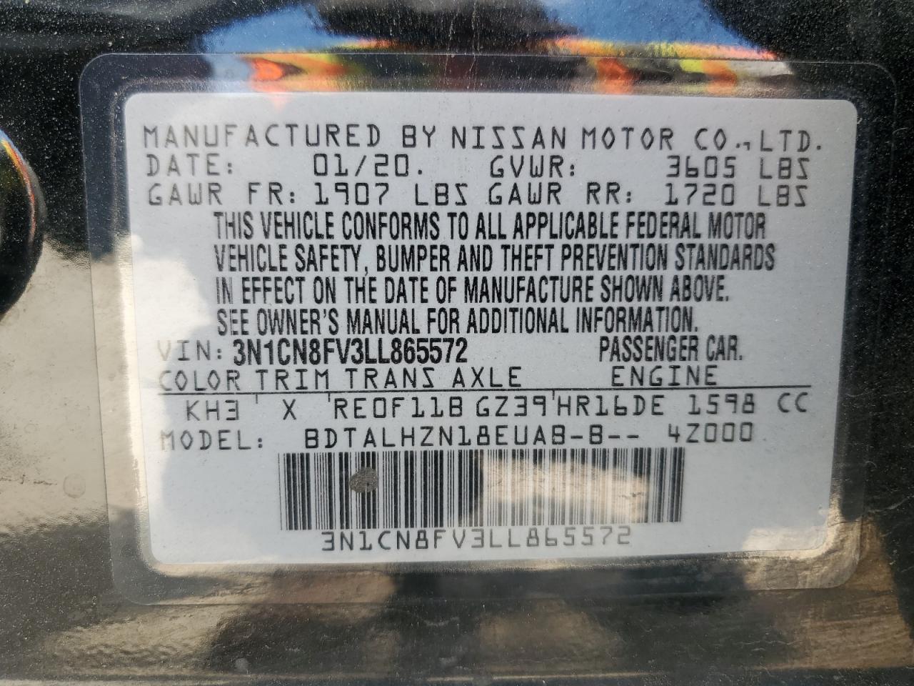 3N1CN8FV3LL865572 2020 Nissan Versa Sr