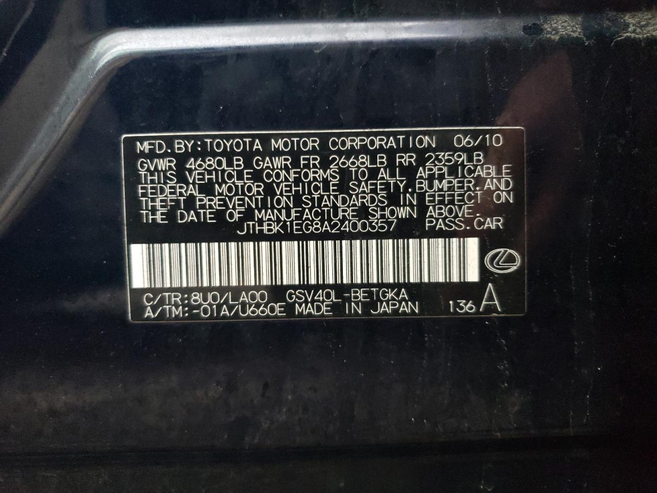 JTHBK1EG8A2400357 2010 Lexus Es 350