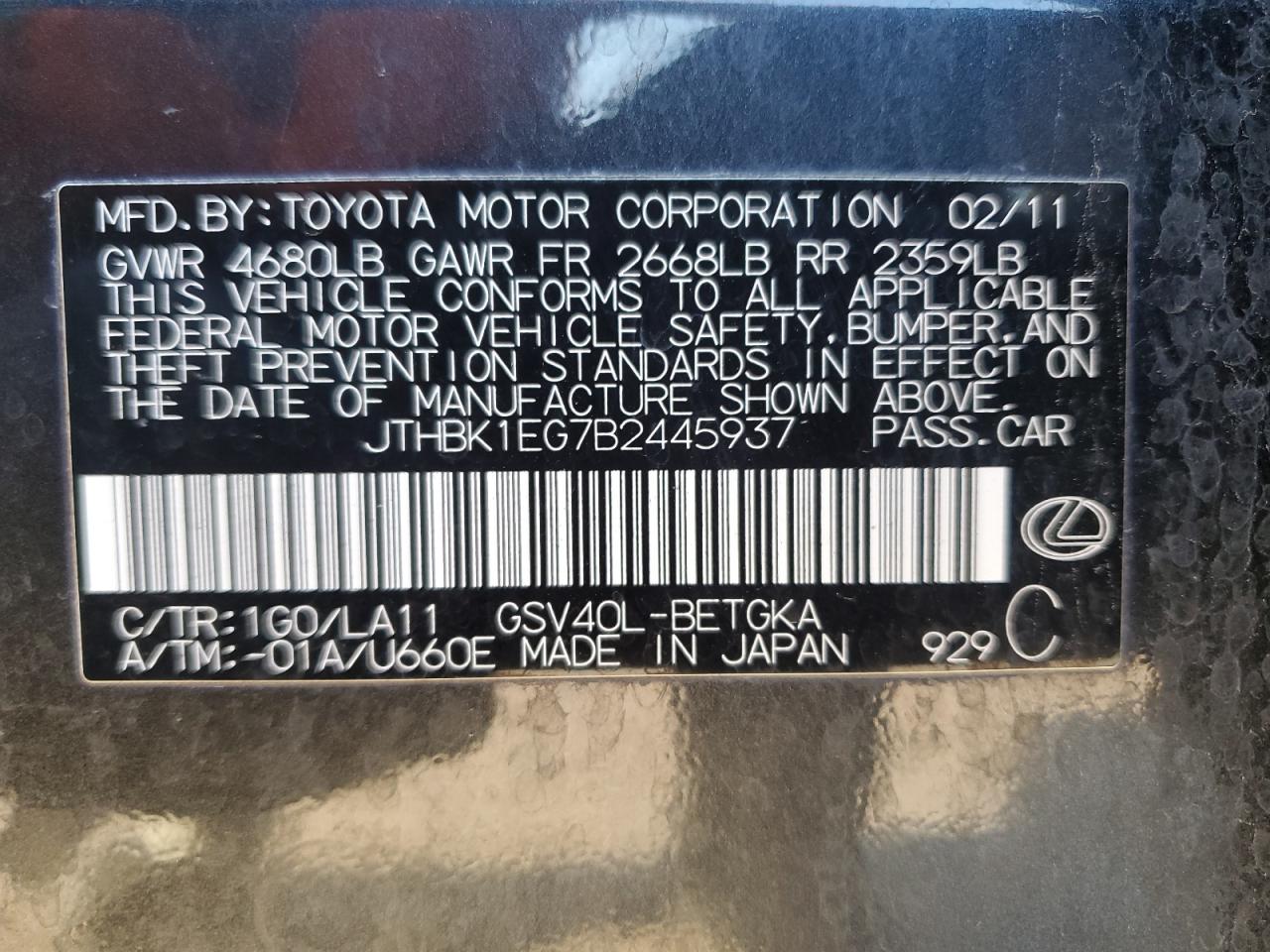 JTHBK1EG7B2445937 2011 Lexus Es 350