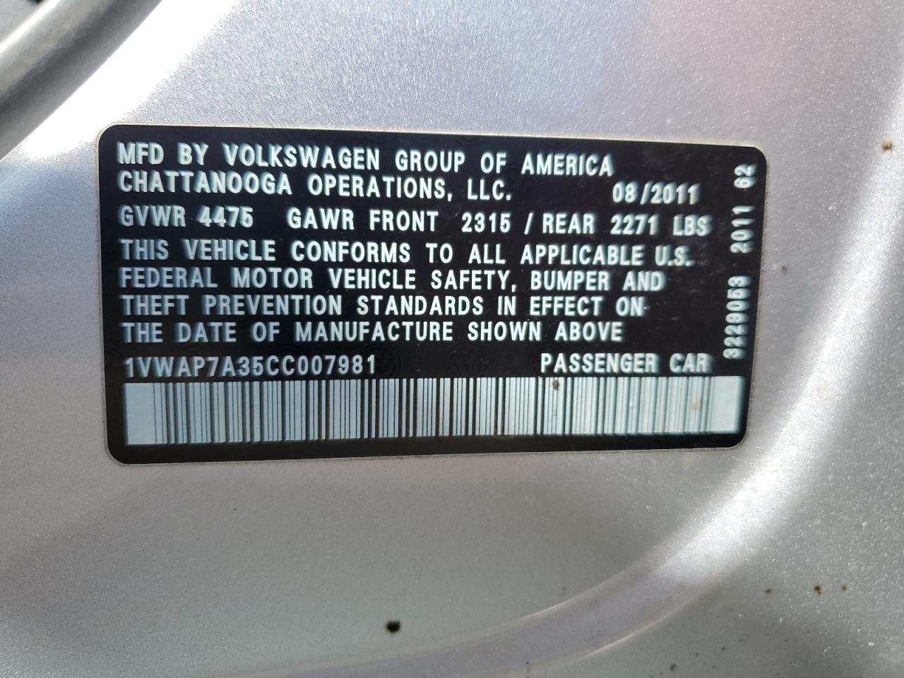 1VWAP7A35CC007981 2012 Volkswagen Passat S