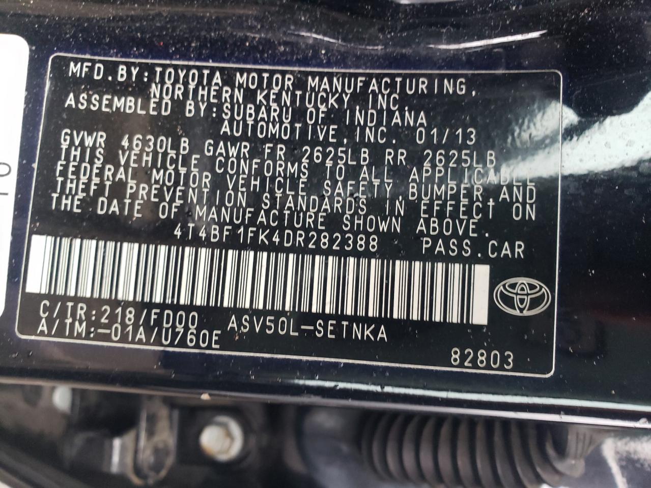 2013 Toyota Camry L vin: 4T4BF1FK4DR282388