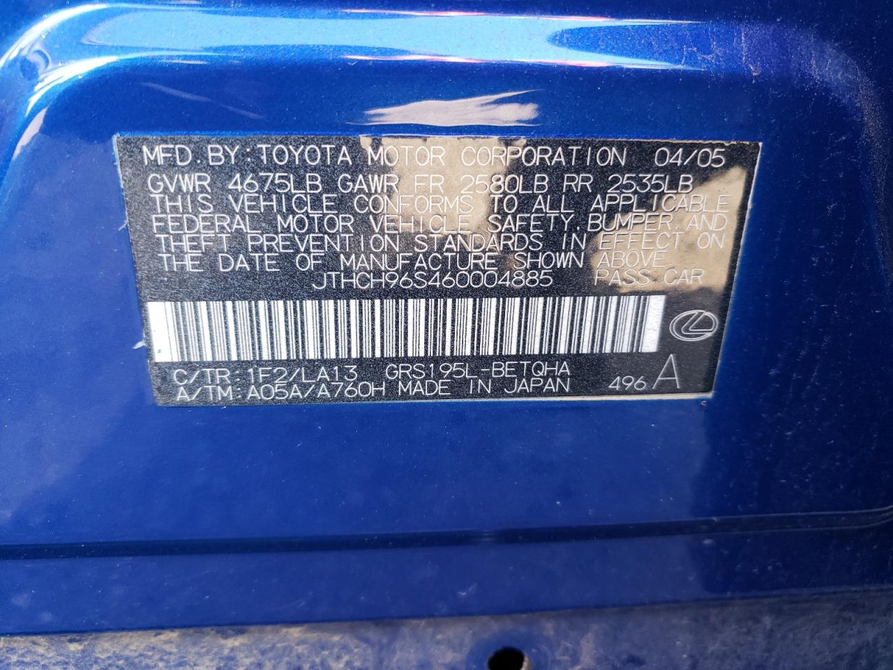 JTHCH96S460004885 2006 Lexus Gs 300