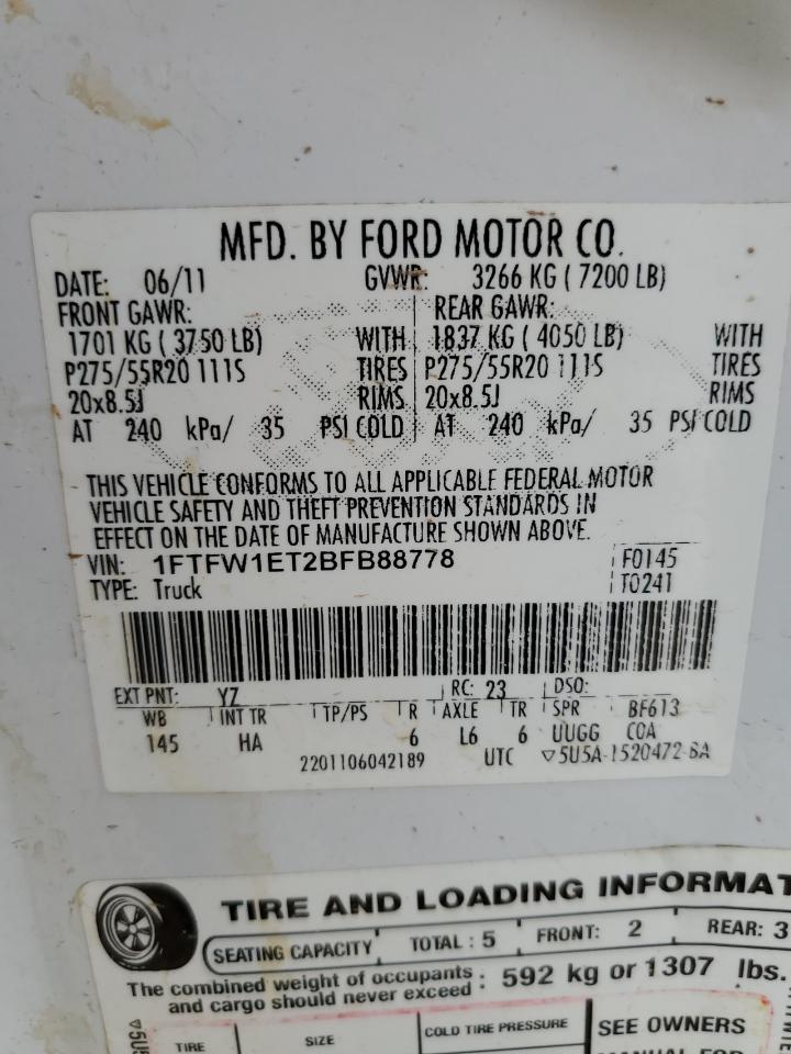 1FTFW1ET2BFB88778 2011 Ford F150 Supercrew