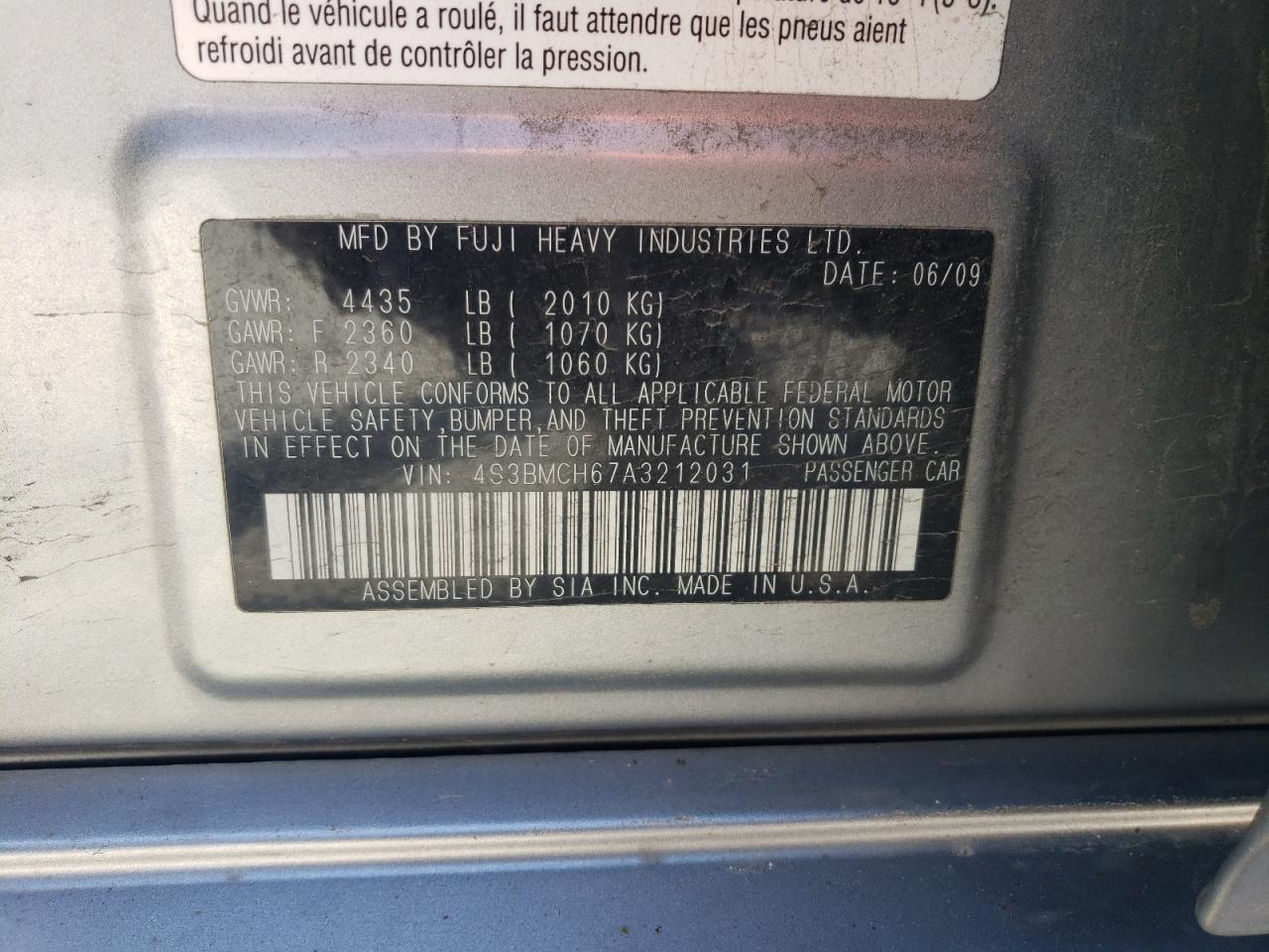 4S3BMCH67A3212031 2010 Subaru Legacy 2.5I Premium