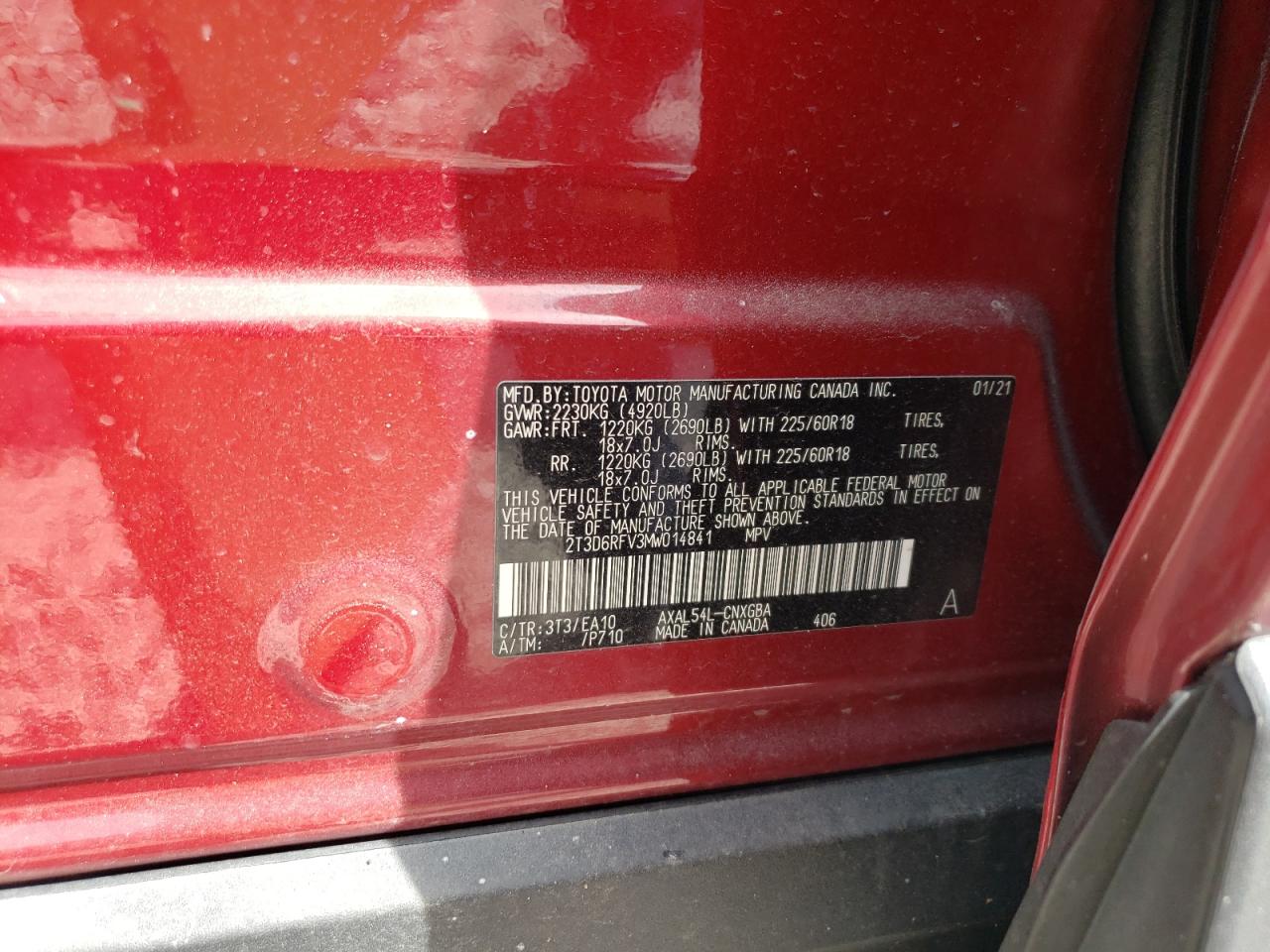 2T3D6RFV3MW014841 2021 Toyota Rav4 Limited
