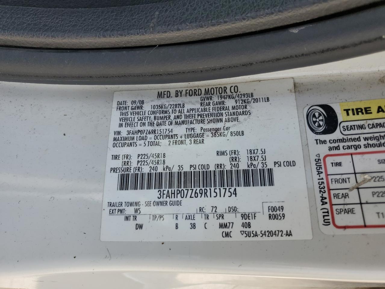 3FAHP07Z69R151754 2009 Ford Fusion Se