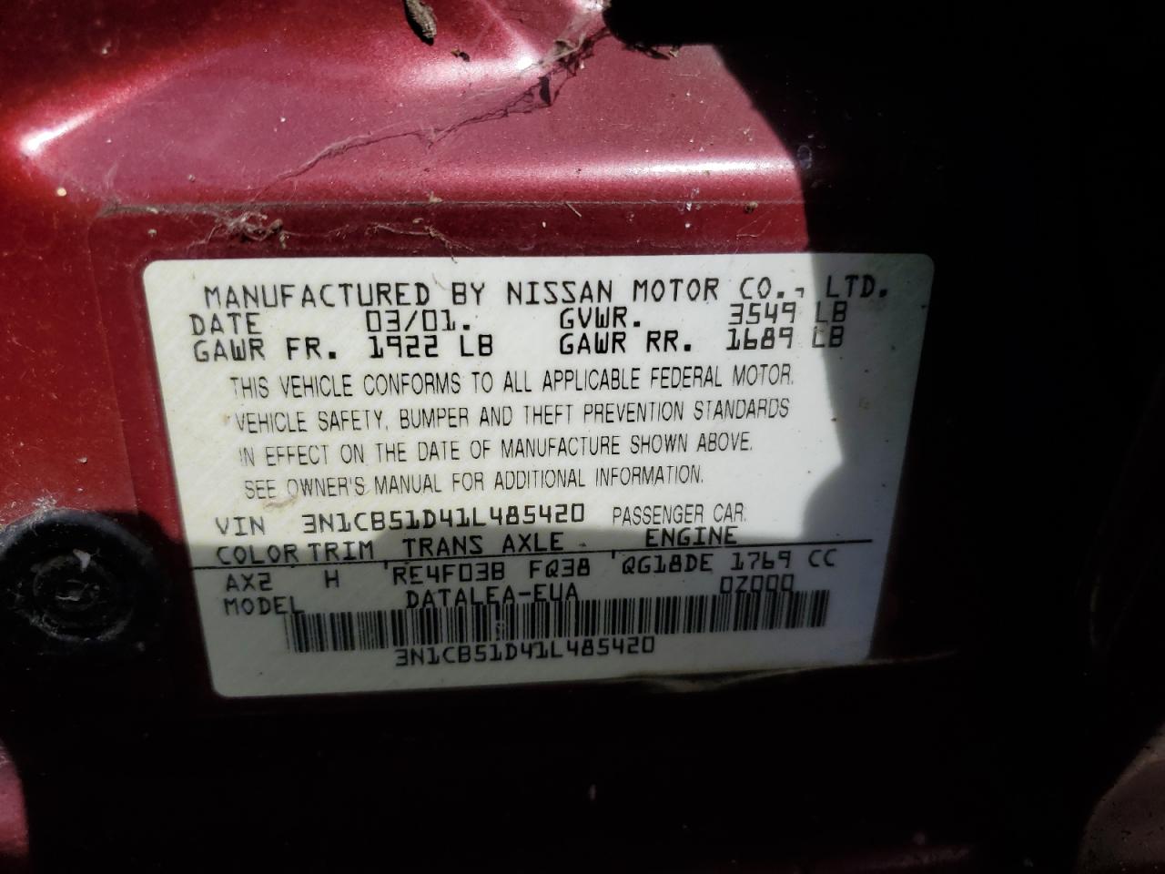 3N1CB51D41L485420 2001 Nissan Sentra Xe