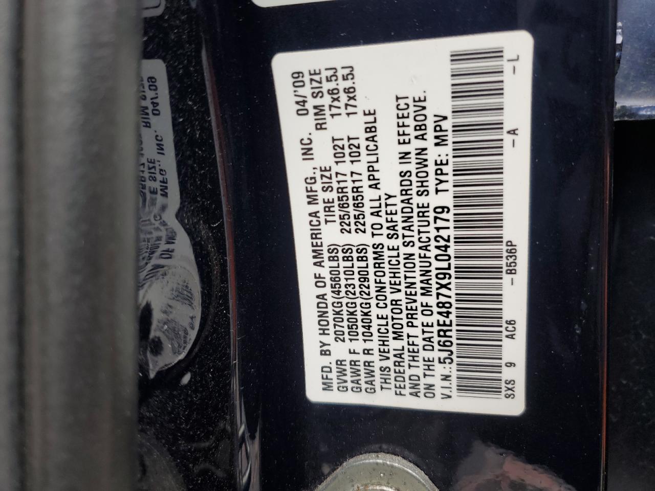 5J6RE487X9L042179 2009 Honda Cr-V Exl