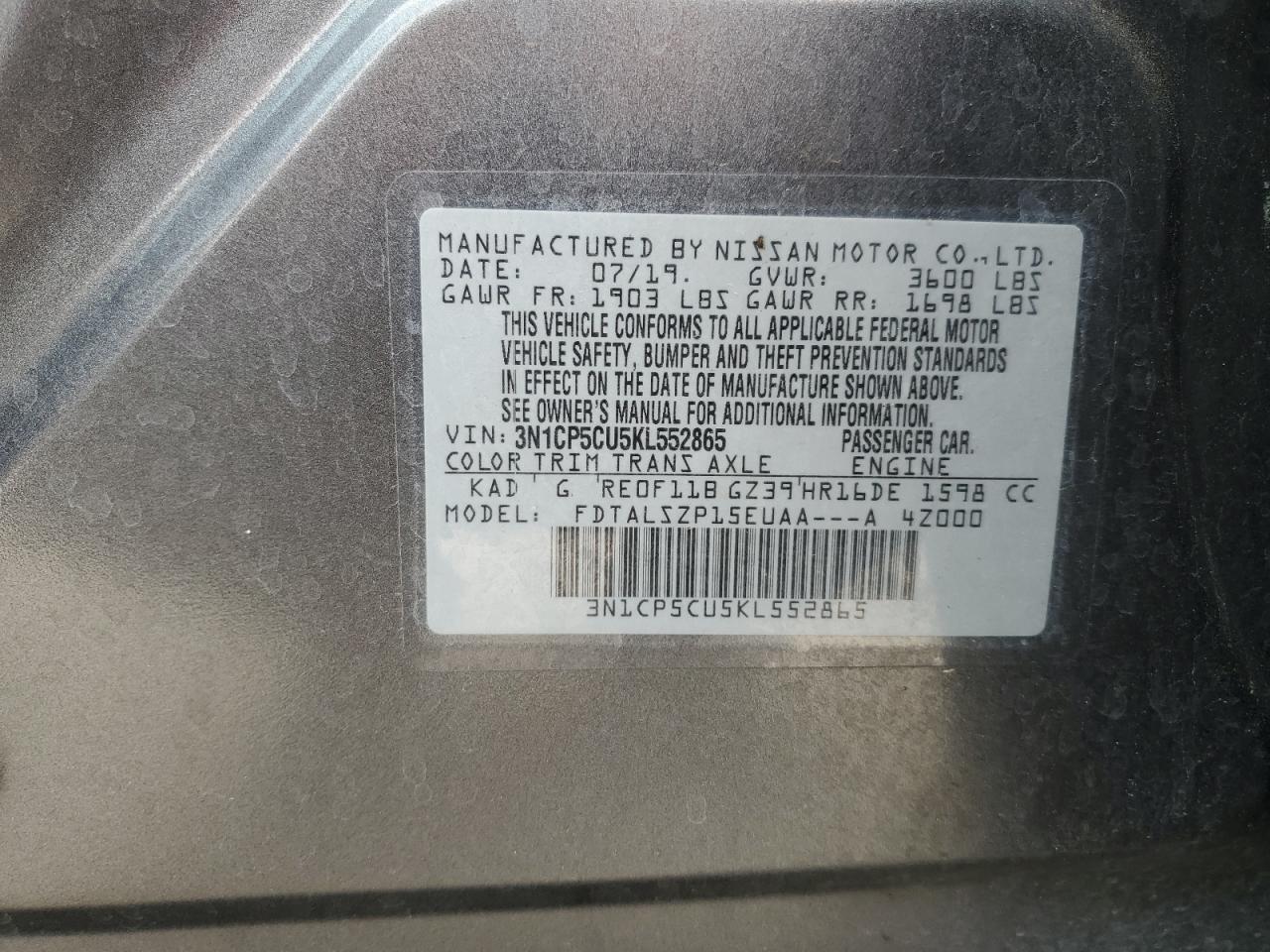 3N1CP5CU5KL552865 2019 Nissan Kicks S