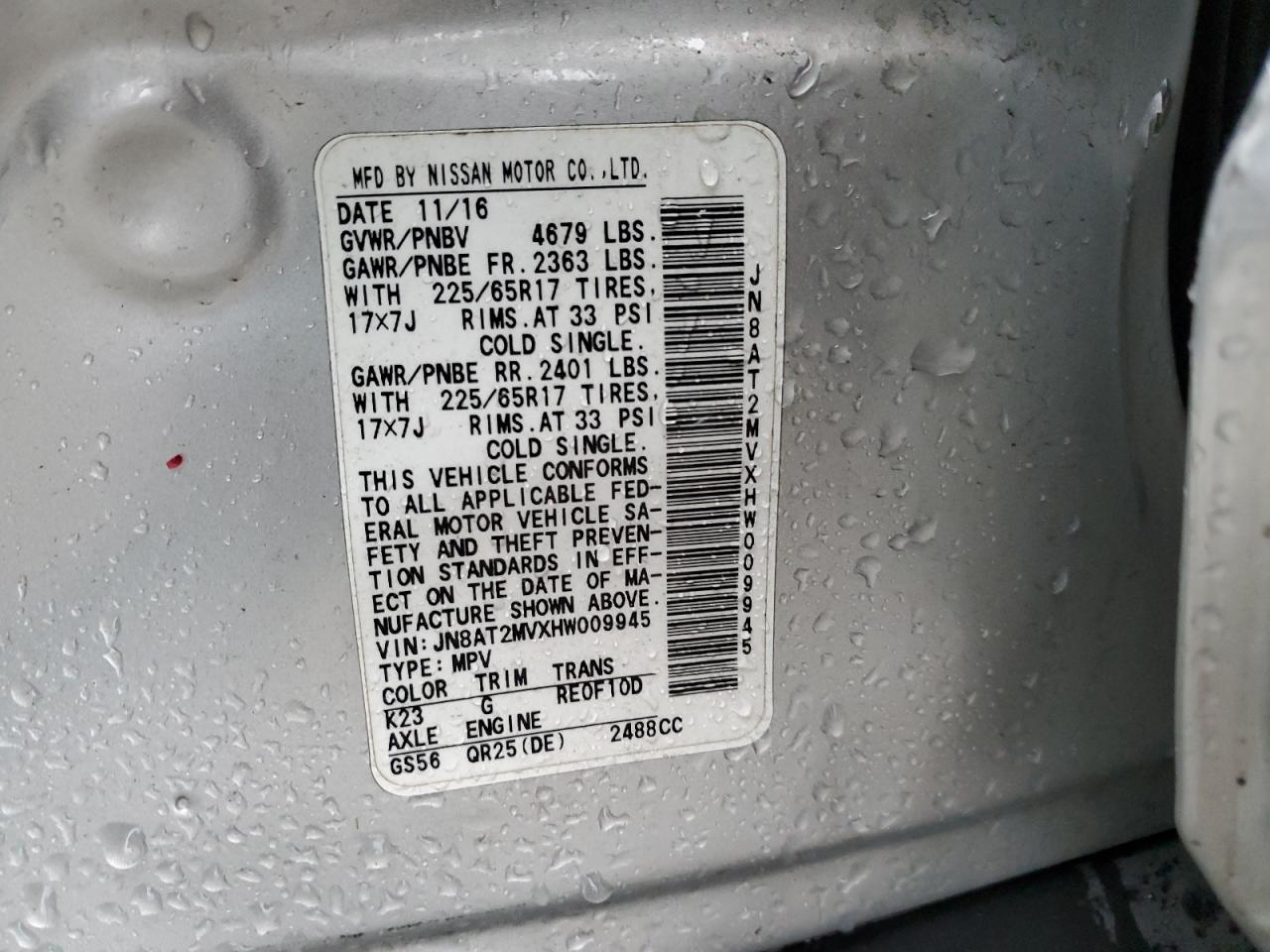 JN8AT2MVXHW009945 NISSAN ROGUE 2017
