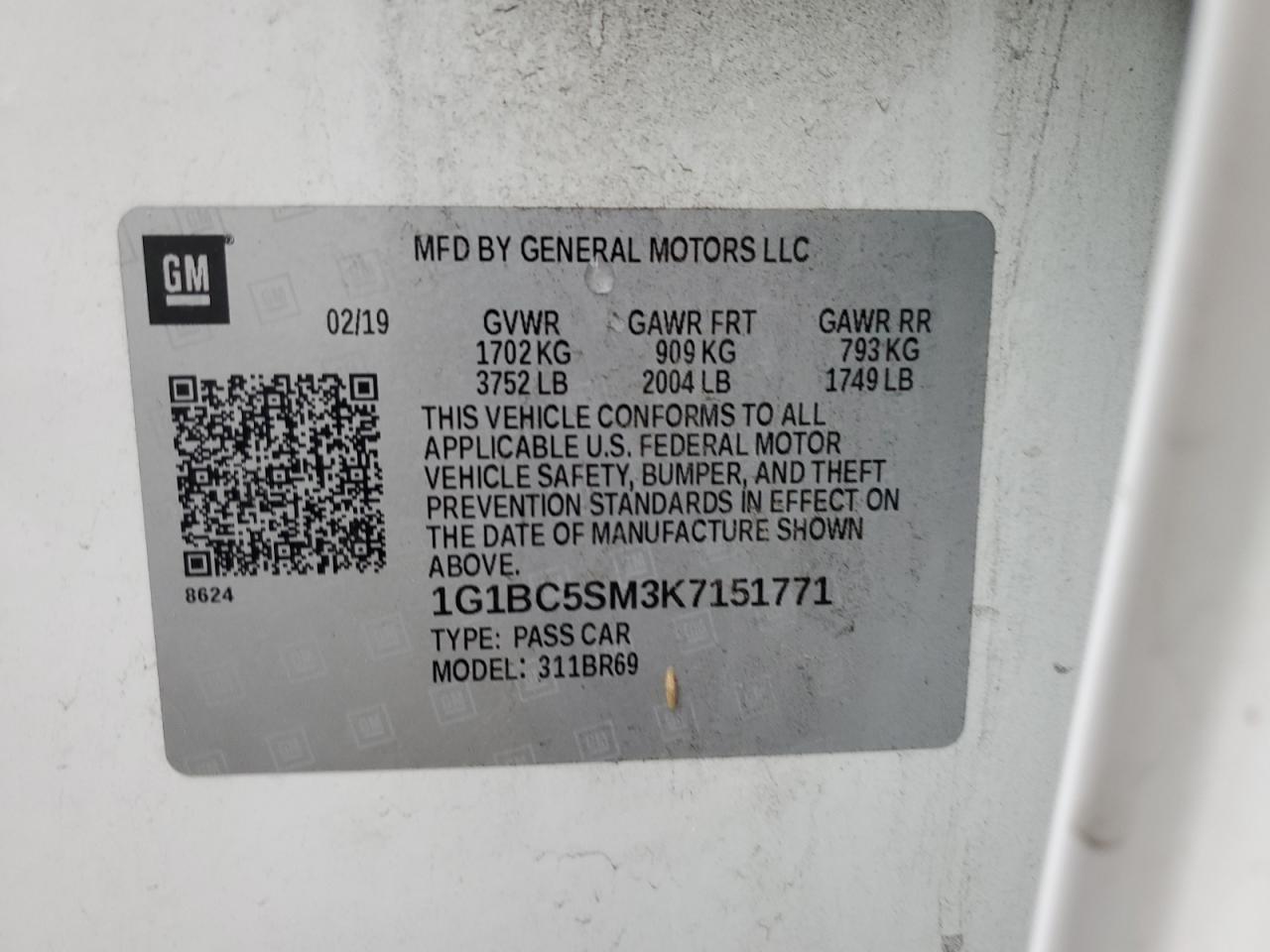 1G1BC5SM3K7151771 CHEVROLET CRUZE 2019