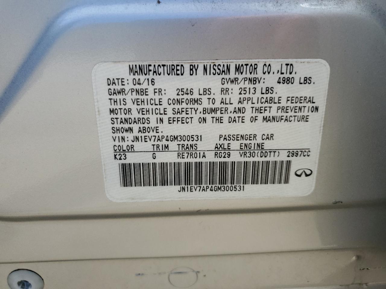 JN1EV7AP4GM300531 2016 Infiniti Q50 Premium