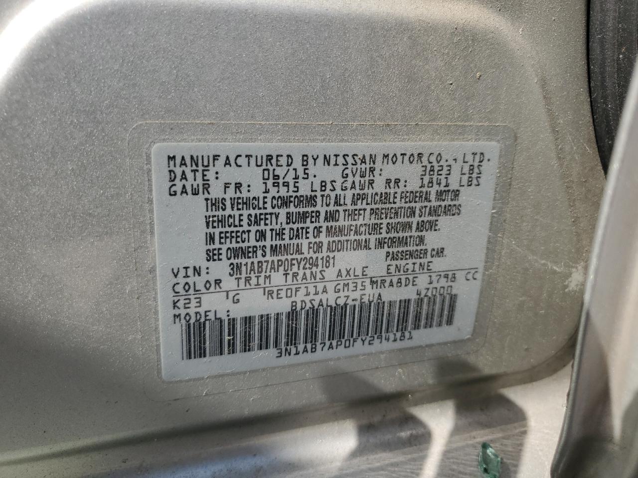 3N1AB7AP0FY294181 2015 Nissan Sentra S