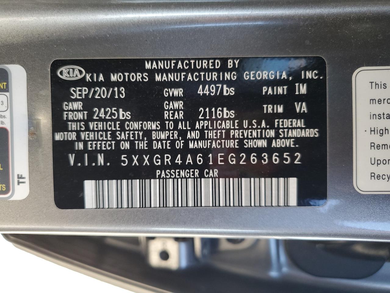 5XXGR4A61EG263652 2014 Kia Optima Sx