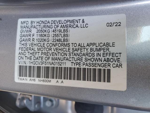 2022 Honda Accord Hybrid Exl VIN: 1HGCV3F51NA015211 Lot: 51677044