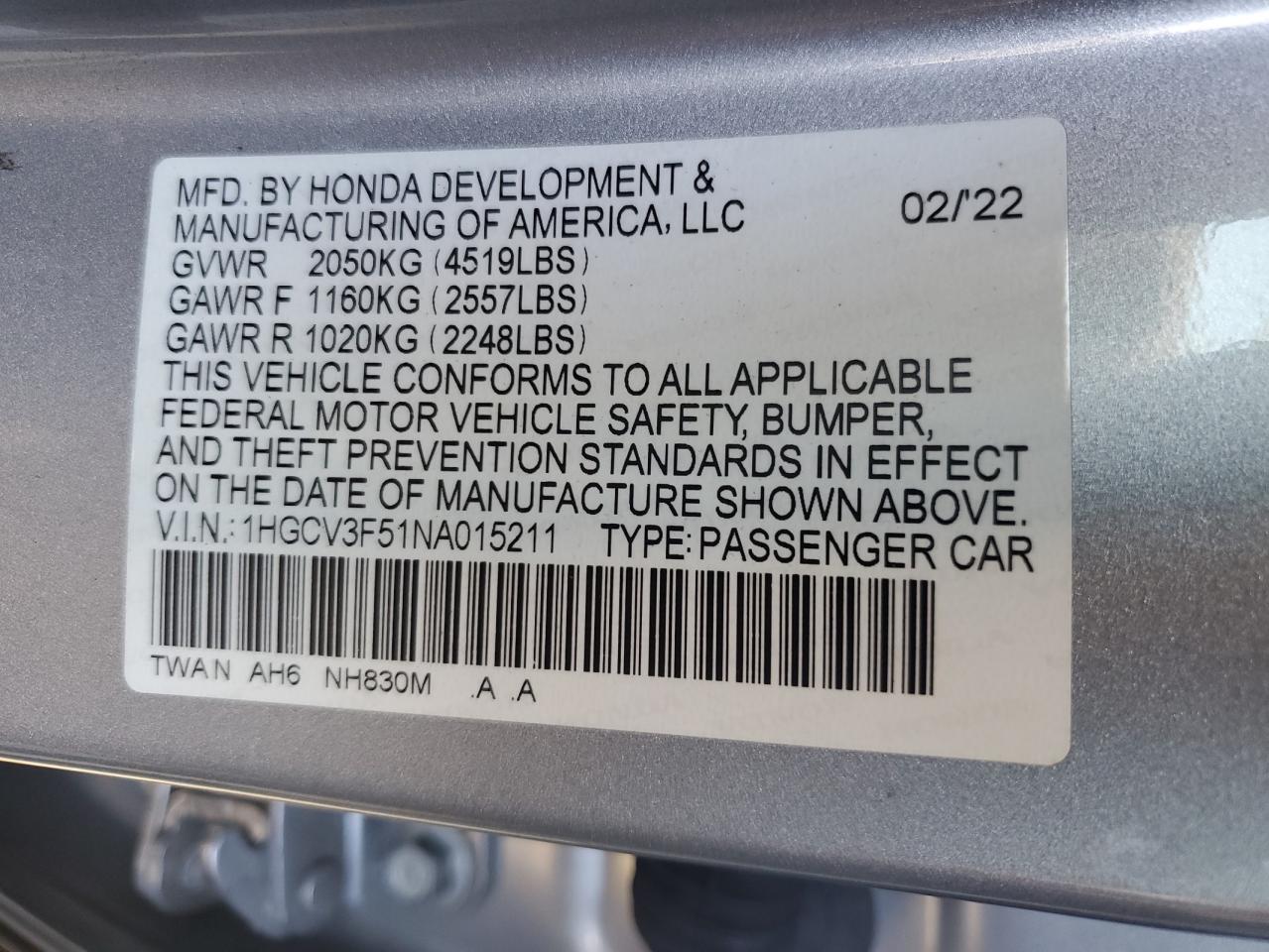 1HGCV3F51NA015211 2022 Honda Accord Hybrid Exl