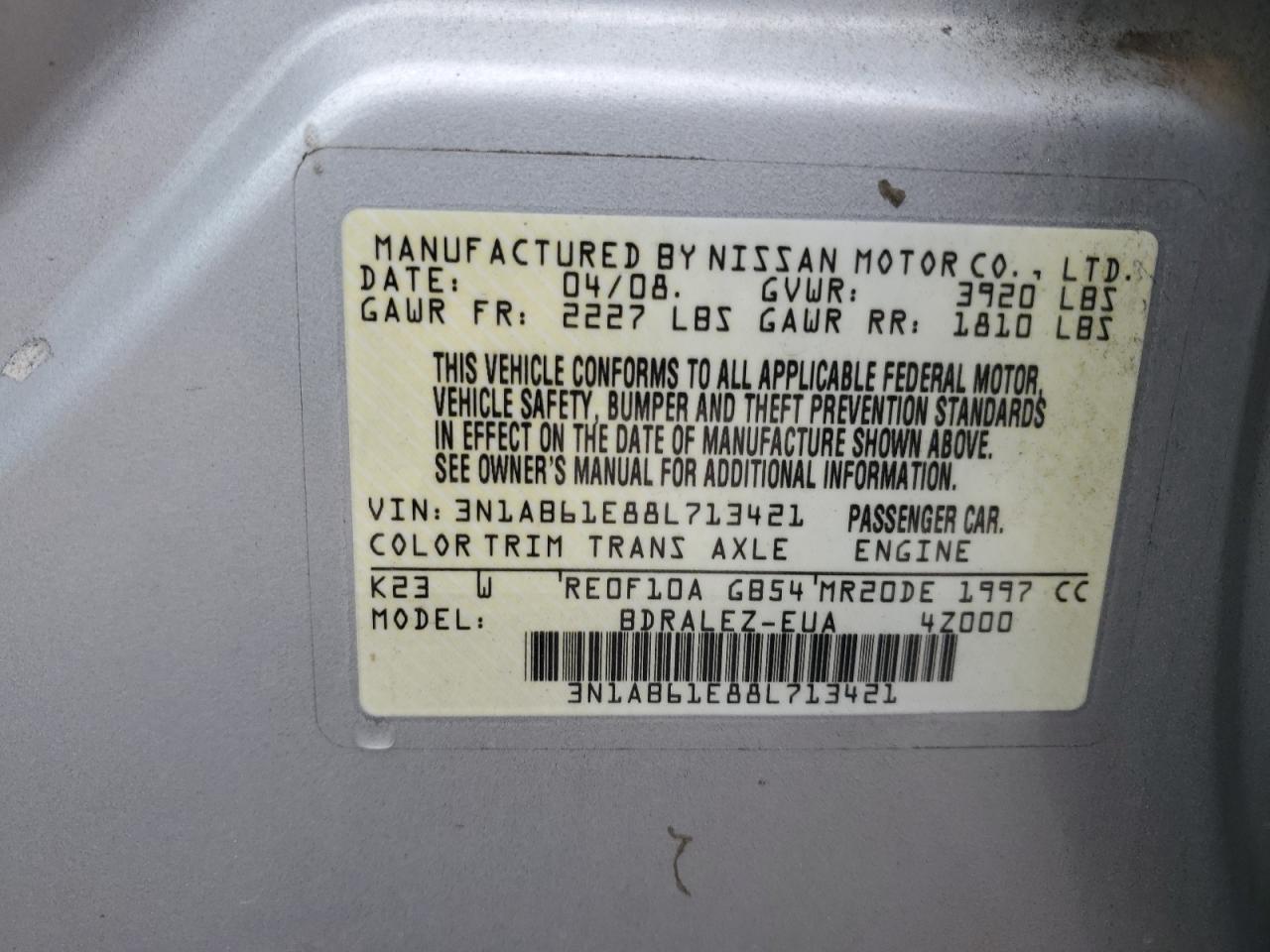 3N1AB61E88L713421 2008 Nissan Sentra 2.0