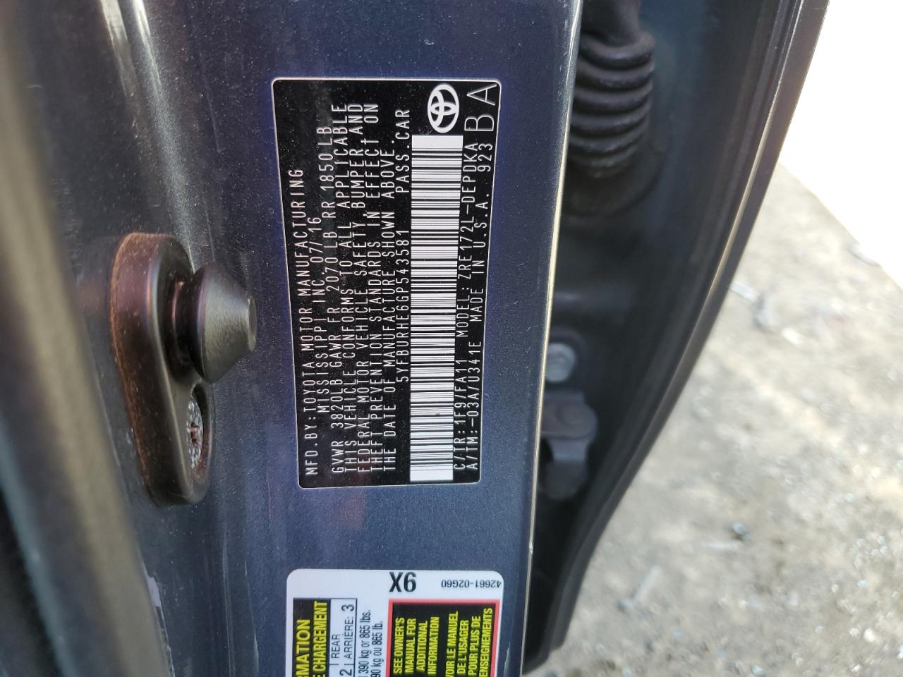 5YFBURHE6GP543581 TOYOTA COROLLA 2016