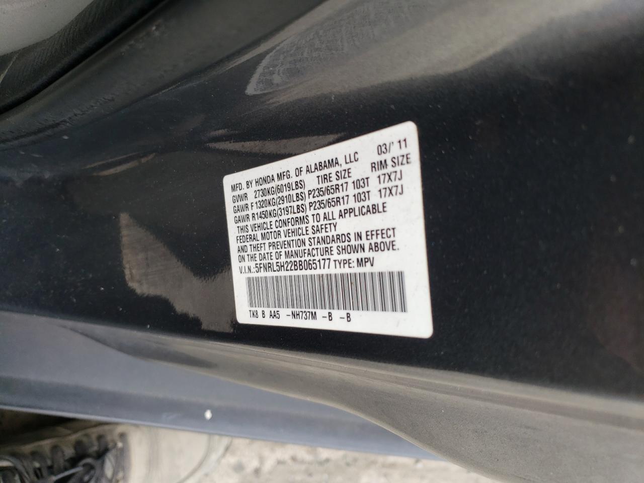 5FNRL5H22BB065177 2011 Honda Odyssey Lx