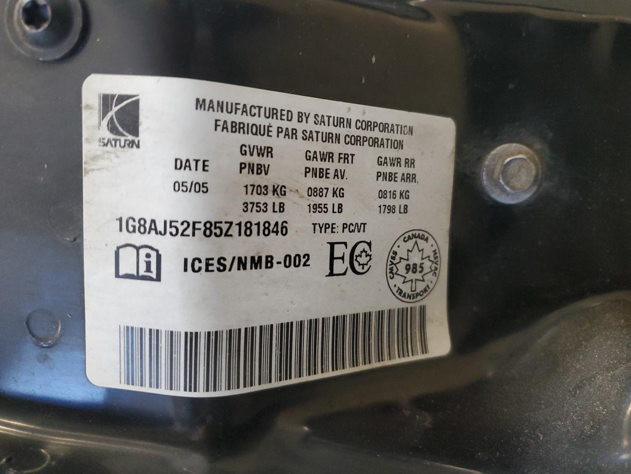 1G8AJ52F85Z181846 2005 Saturn Ion Level 2