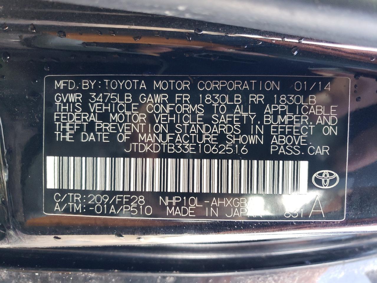 JTDKDTB33E1062516 2014 Toyota Prius C