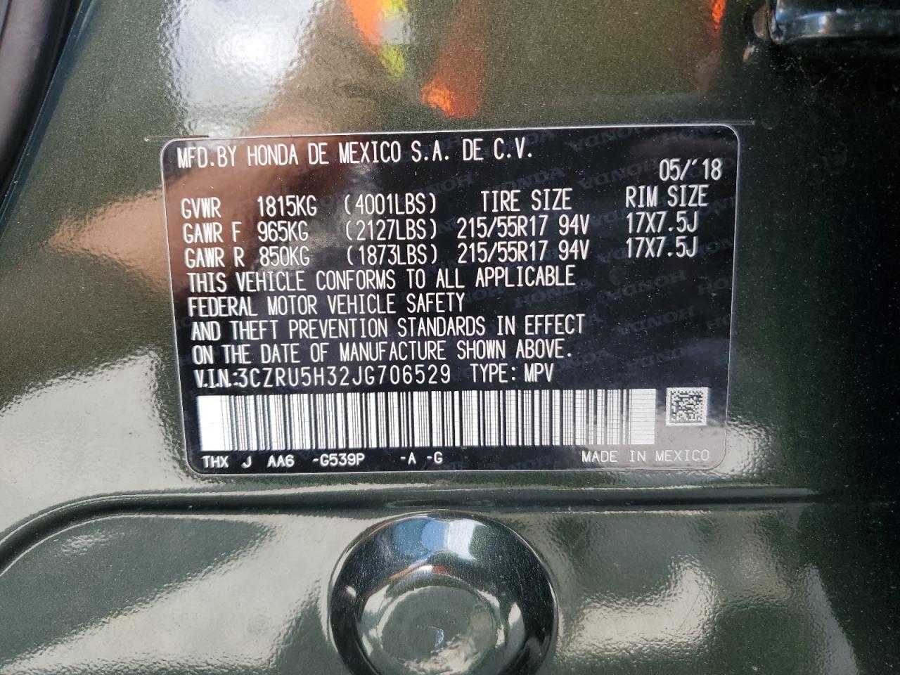 3CZRU5H32JG706529 HONDA HR-V 2018