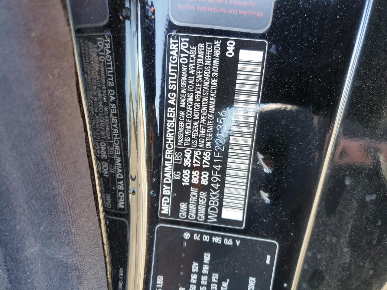 WDBKK49F41F221356 2001 Mercedes-Benz Slk 230 Kompressor