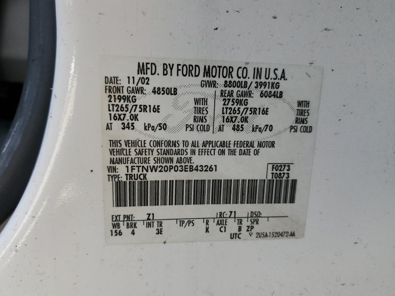 1FTNW20P03EB43261 2003 Ford F250 Super Duty 1FTNW20P03EB43261 2003 Ford F250 Super Duty