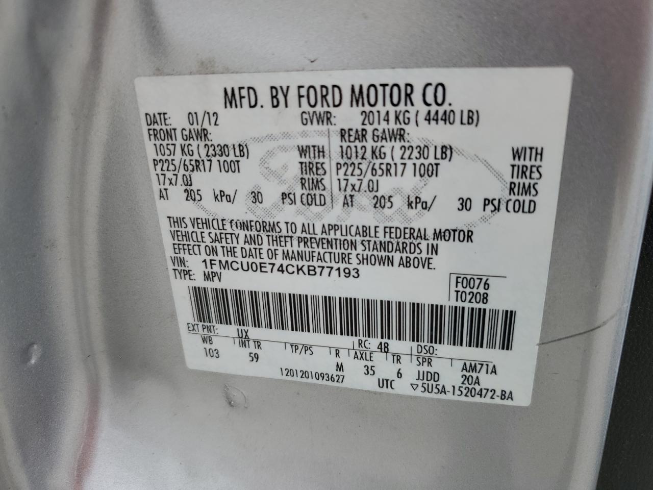 1FMCU0E74CKB77193 2012 Ford Escape Limited