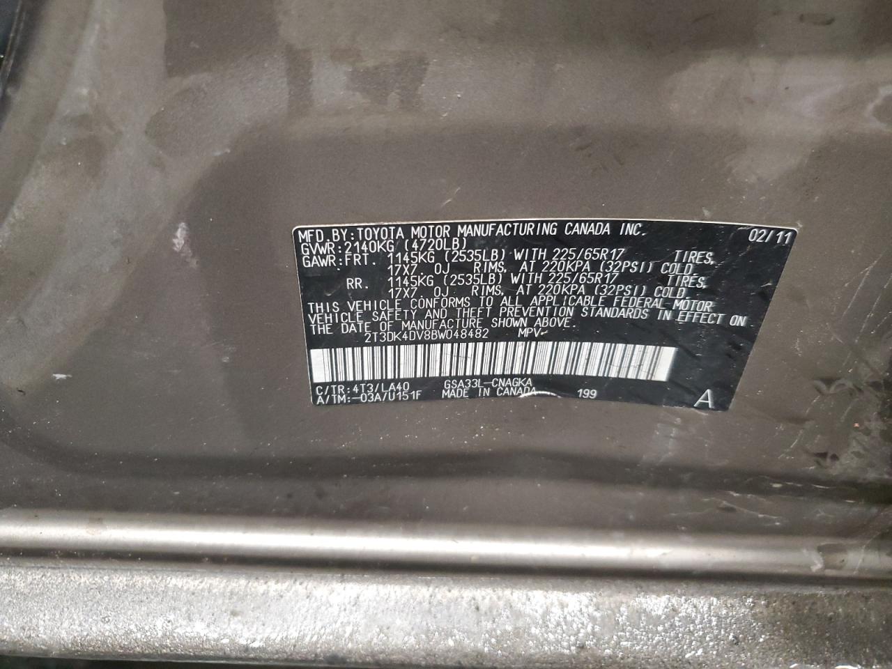 2T3DK4DV8BW048482 2011 Toyota Rav4 Limited