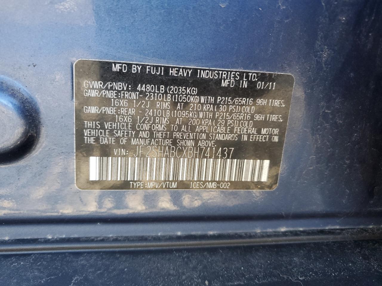 JF2SHABCXBH741437 2011 Subaru Forester 2.5X