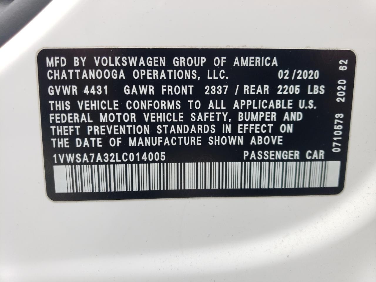 1VWSA7A32LC014005 2020 Volkswagen Passat Se