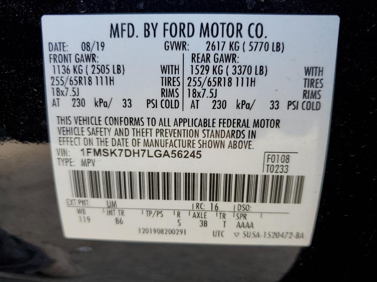 1FMSK7DH7LGA56245 2020 Ford Explorer Xlt