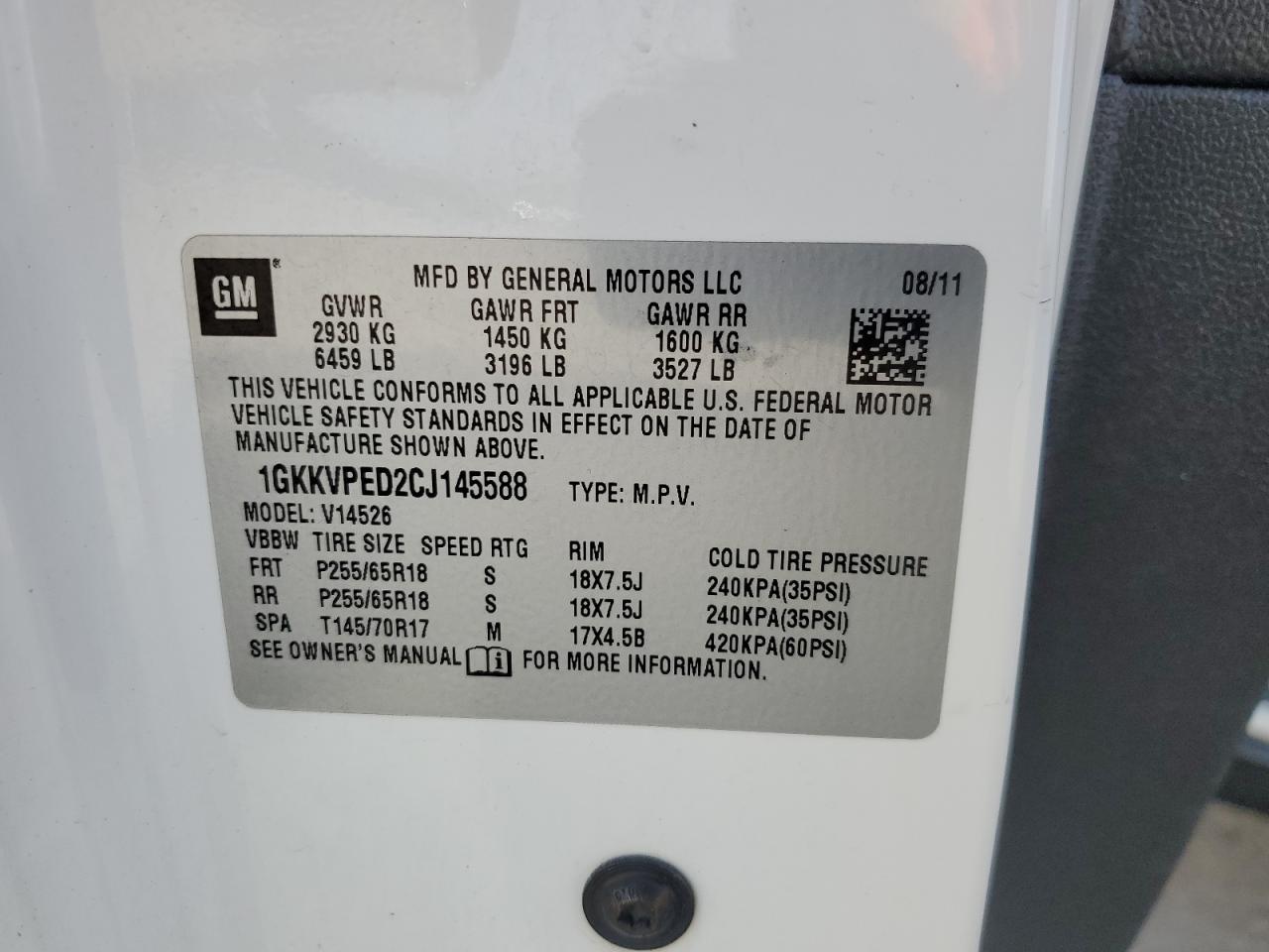 1GKKVPED2CJ145588 2012 GMC Acadia Sle