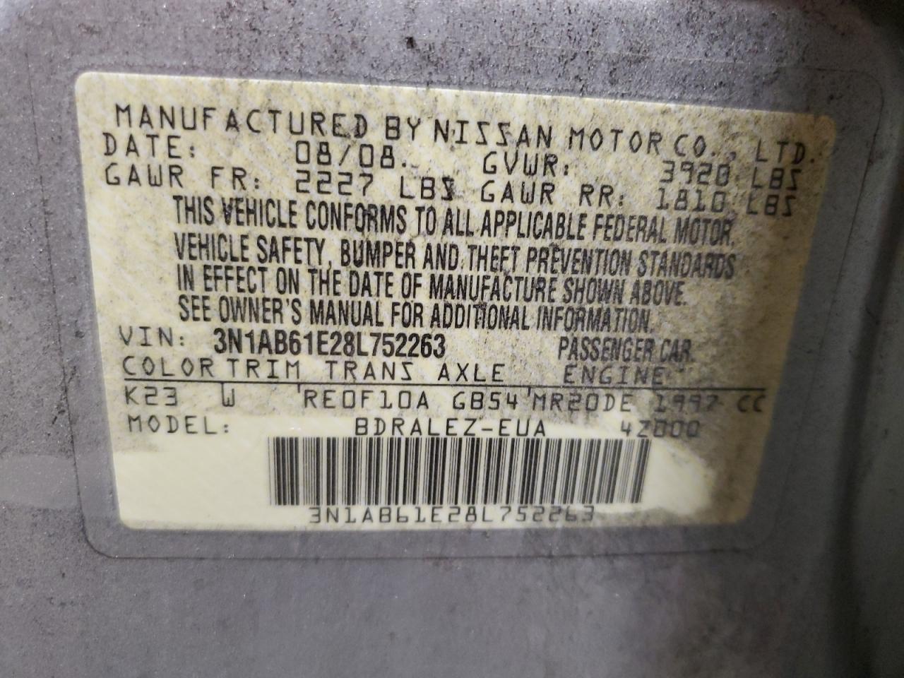 3N1AB61E28L752263 2008 Nissan Sentra 2.0