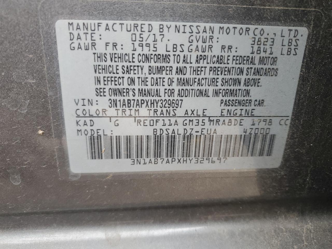 3N1AB7APXHY329697 NISSAN SENTRA 2017