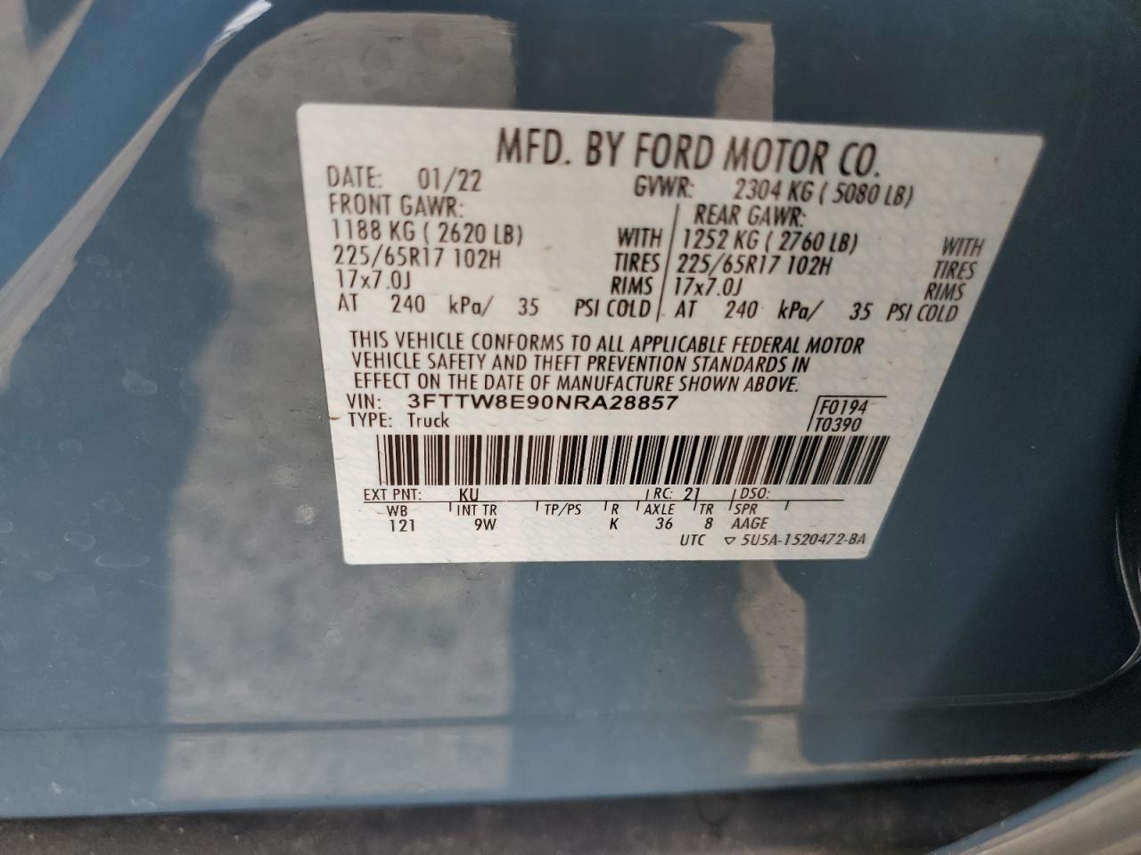 3FTTW8E90NRA28857 FORD MAVERICK 2022