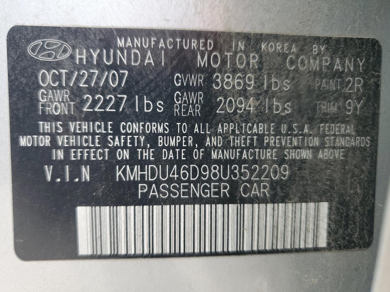 KMHDU46D98U352209 2008 Hyundai Elantra Gls