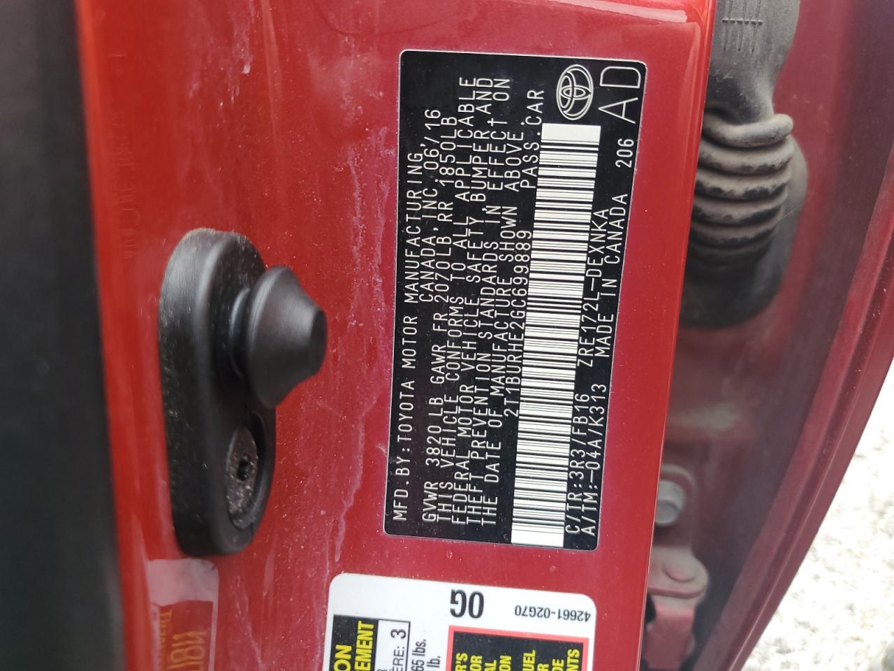 2T1BURHE2GC699889 2016 Toyota Corolla L