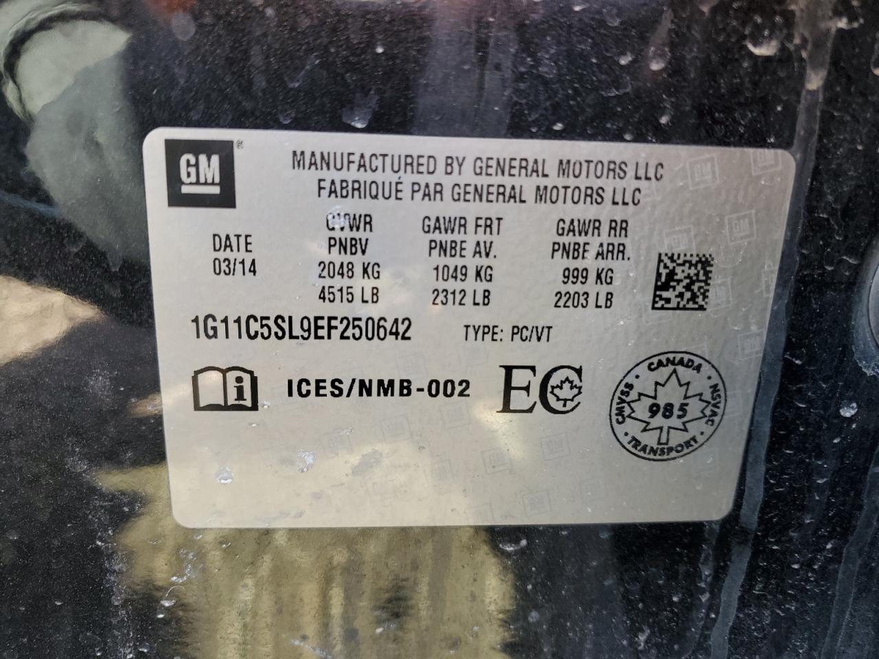 1G11C5SL9EF250642 2014 Chevrolet Malibu 1Lt