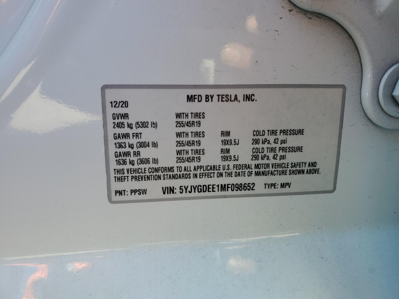 5YJYGDEE1MF098652 2021 Tesla Model Y