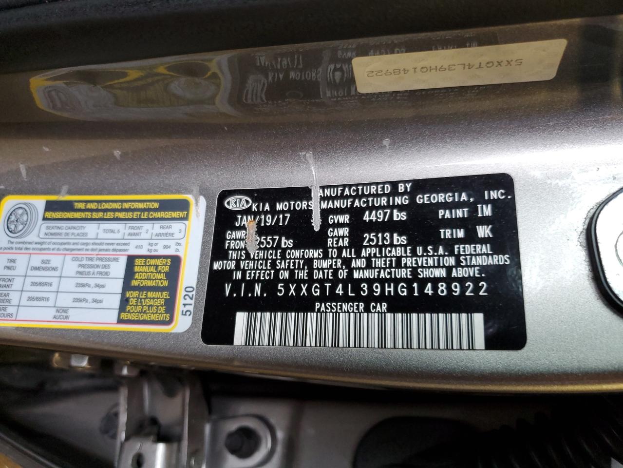 5XXGT4L39HG148922 2017 Kia Optima Lx