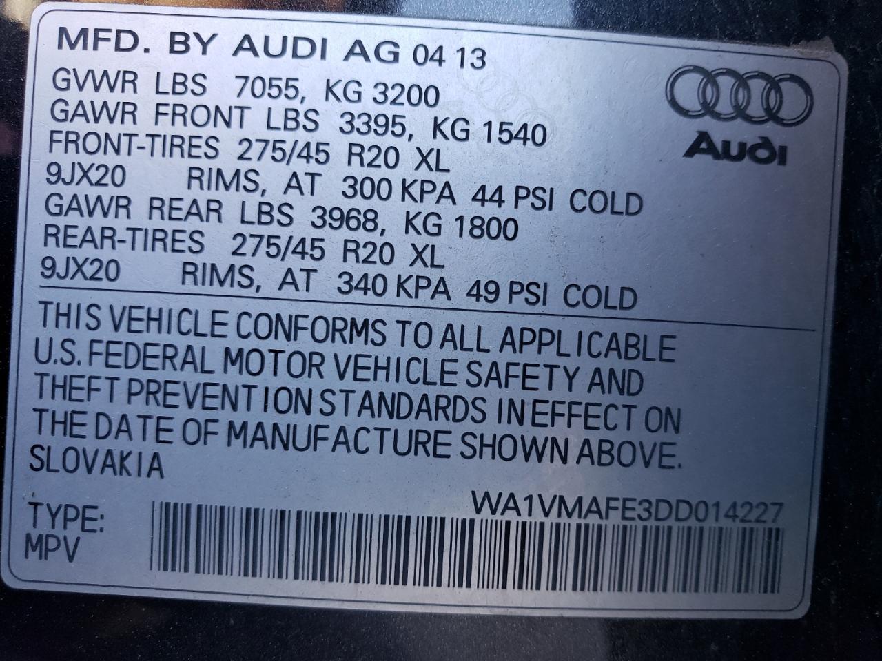 WA1VMAFE3DD014227 2013 Audi Q7 Prestige