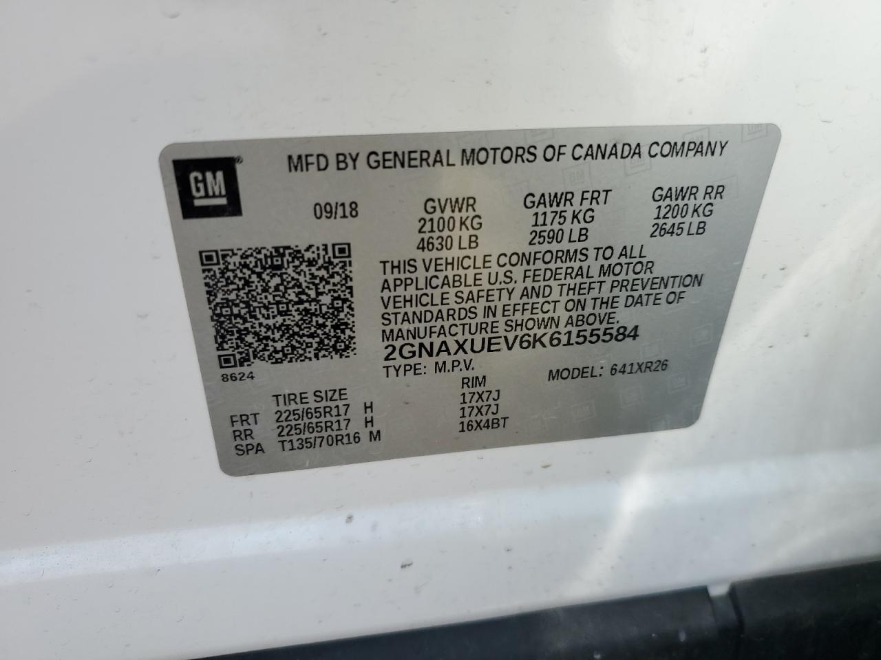 2GNAXUEV6K6155584 CHEVROLET EQUINOX 2019