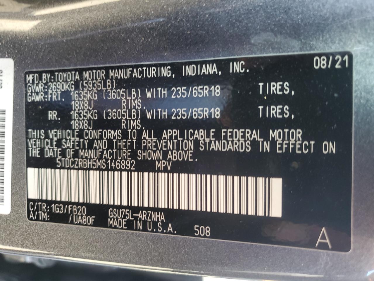 5TDCZRBH5MS146892 2021 Toyota Highlander L