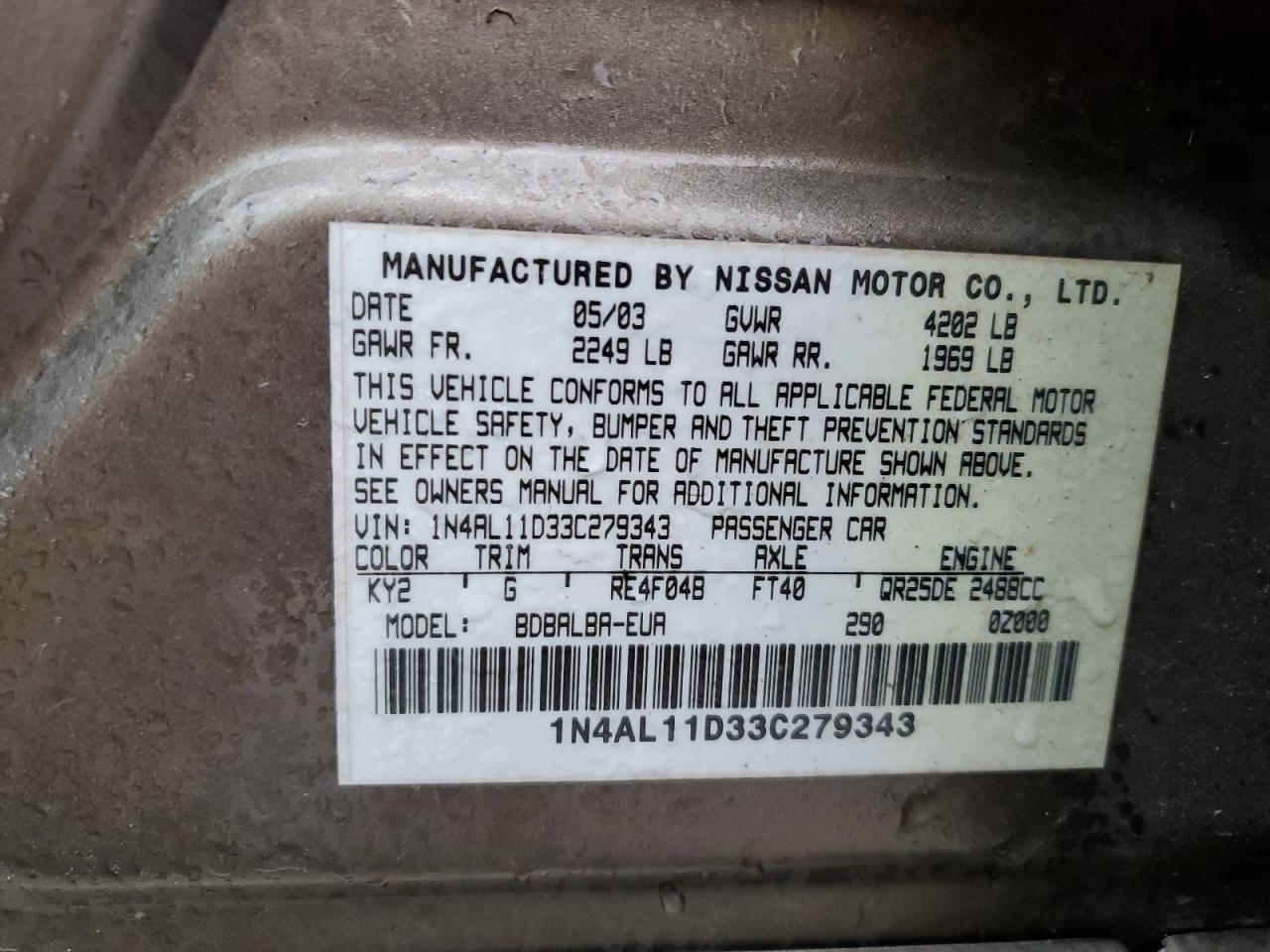 1N4AL11D33C279343 2003 Nissan Altima Base