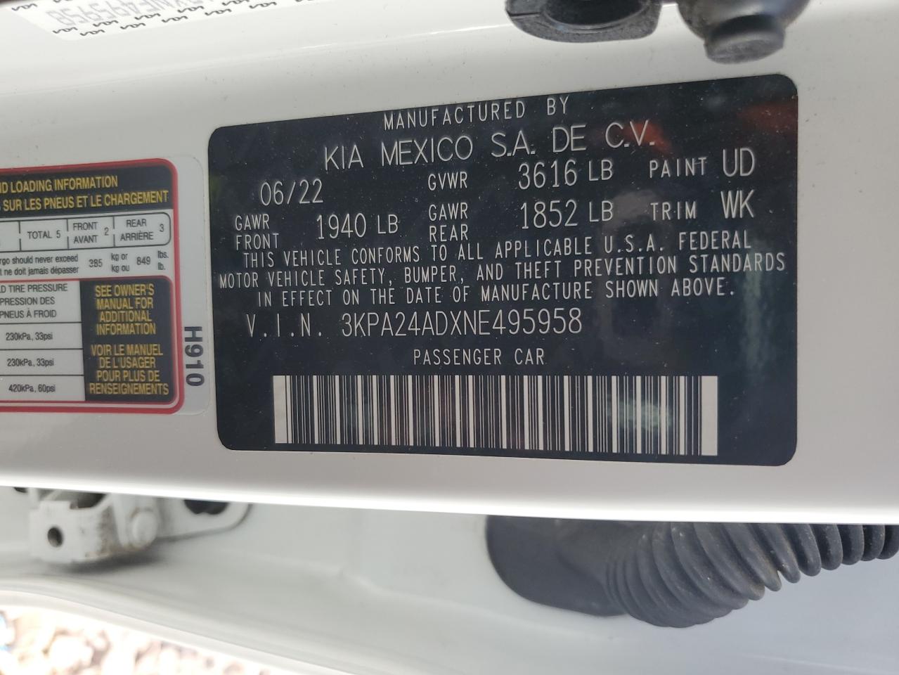 3KPA24ADXNE495958 2022 Kia Rio Lx